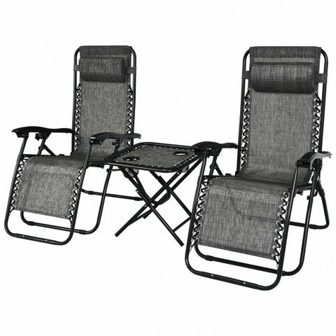 3 pcs Folding Portable  Reclining Lounge Chairs Table-Gray