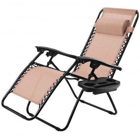 Outdoor Folding Zero Gravity Reclining Lounge Chair with Utility Tray-Beige