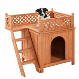 Wood Pet Dog House with Roof Balcony & Bed Shelter