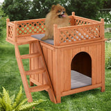 Wood Pet Dog House with Roof Balcony & Bed Shelter