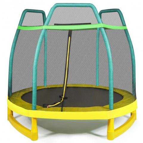 7FT Kids Trampoline W- Safety Enclosure Net-Green