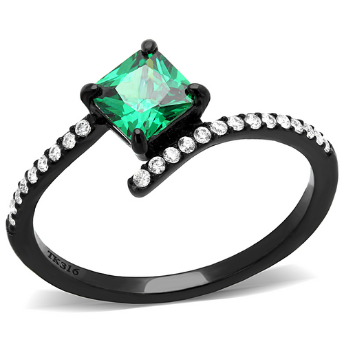 DA017 - Stainless Steel Ring IP Black(Ion Plating) Women AAA Grade CZ Emerald