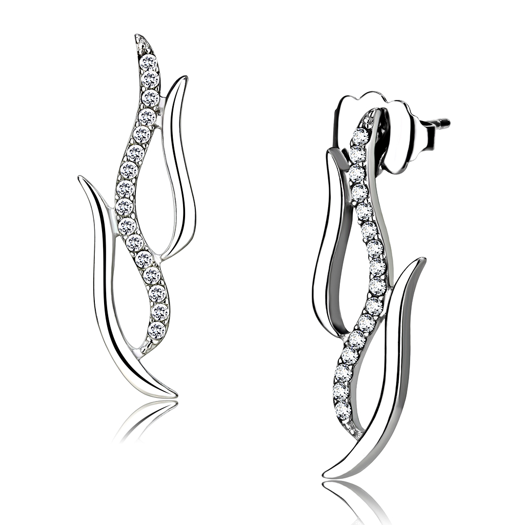DA182 - High polished (no plating) Stainless Steel Earrings with AAA Grade CZ  in Clear