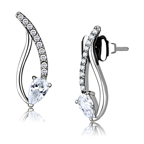 DA185 - High polished (no plating) Stainless Steel Earrings with AAA Grade CZ  in Clear