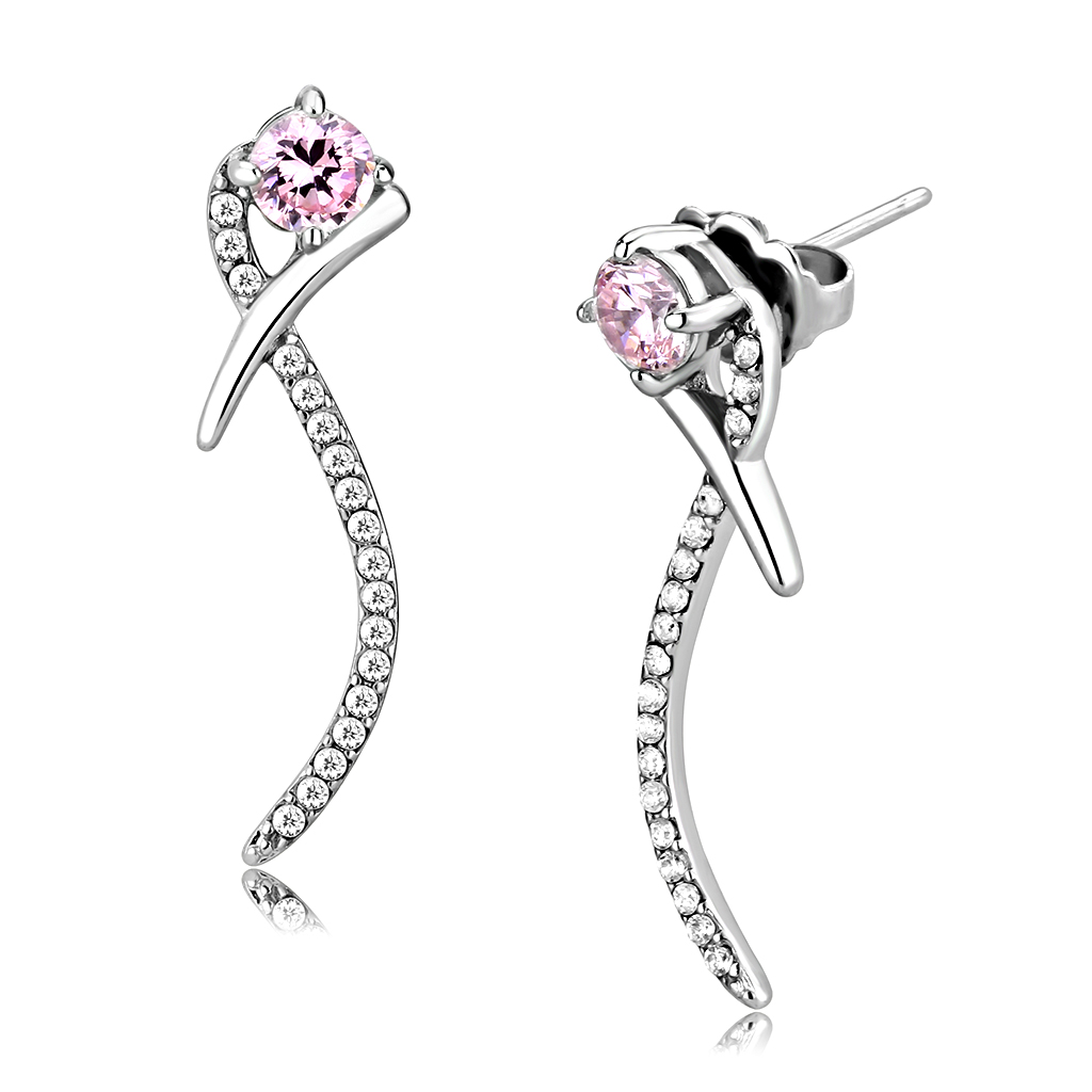 DA188 - High polished (no plating) Stainless Steel Earrings with AAA Grade CZ  in Rose