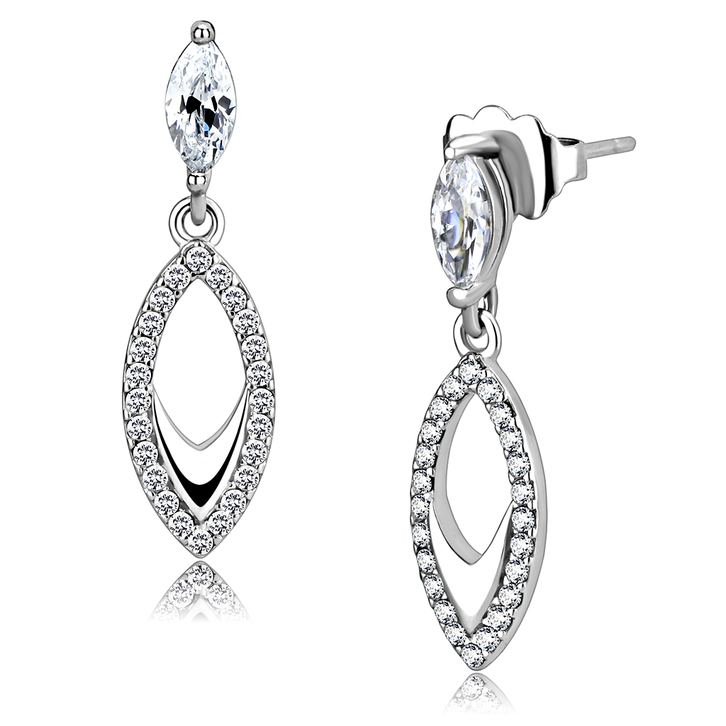 DA189 - High polished (no plating) Stainless Steel Earrings with AAA Grade CZ  in Clear