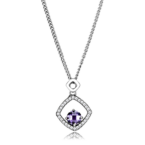 DA229 - High polished (no plating) Stainless Steel Chain Pendant with AAA Grade CZ  in Amethyst
