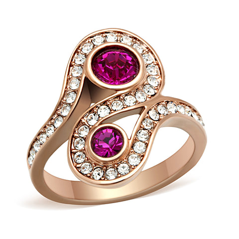 GL153 - Brass Ring IP Rose Gold(Ion Plating) Women Top Grade Crystal Fuchsia