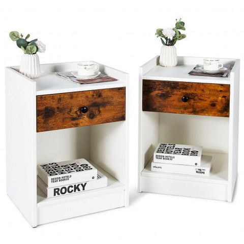 Set of 2 Nightstand with Drawer Cabinet End Side Table Raised Top-White - Color: White