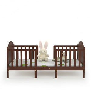 2-in-1 Classic Convertible Wooden Toddler Bed with 2 Side Guardrails for Extra Safety-White