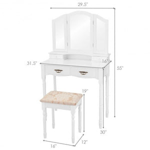 Simple Vanity Set with Tri-Folding Mirror Drawers and Storage Shelf-White