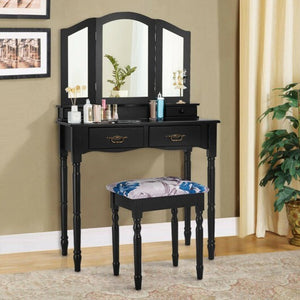 Simple Vanity Set with Tri-Folding Mirror Drawers and Storage Shelf-White