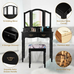 Simple Vanity Set with Tri-Folding Mirror Drawers and Storage Shelf-White
