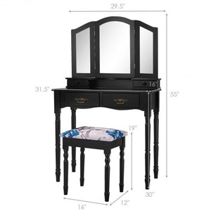 Simple Vanity Set with Tri-Folding Mirror Drawers and Storage Shelf-White