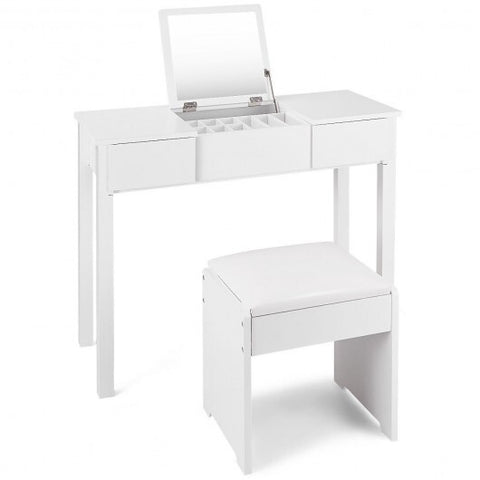 Vanity Makeup Dressing Table Set with Flip Top Mirror and Cushioned Stool-White