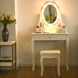 3 Drawers Lighted Mirror Vanity Dressing Table Stool Set-White
