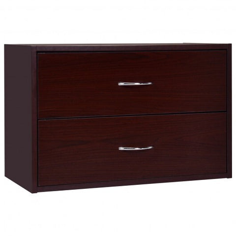 2-Drawer Dresser Horiztonal Organizer End Table Nightstand with Handle Wood-Brown