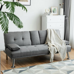 Convertible Folding Futon Sofa Bed Fabric with 2 Cup Holders-Dark Gray