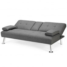 Convertible Folding Futon Sofa Bed Fabric with 2 Cup Holders-Dark Gray