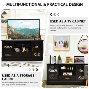 Wood TV Stand with 2 Glass Door Cabinets and 2-Tier Adjustable Shelves-Brown