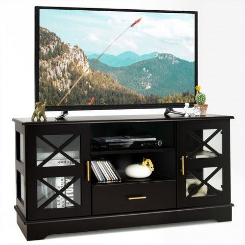 Wood TV Stand with 2 Glass Door Cabinets and 2-Tier Adjustable Shelves-Brown
