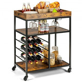 3-Tier Wood Rolling Kitchen Serving Cart with 9 Wine Bottles Rack Metal Frame-Rustic Brown