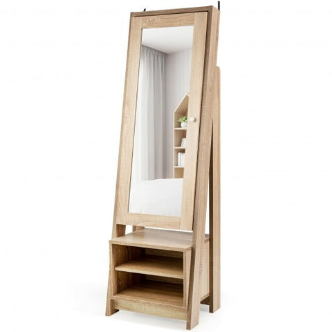 2-in-1 Wooden Cosmetics Storage Cabinet with Full-Length Mirror and Bottom Rack