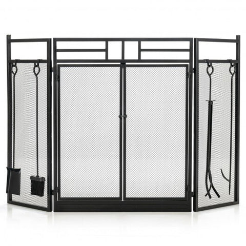 3-Panel Folding Wrought Iron Fireplace Screen with Doors and 4 Pieces Tools Set-Black - Color: Black