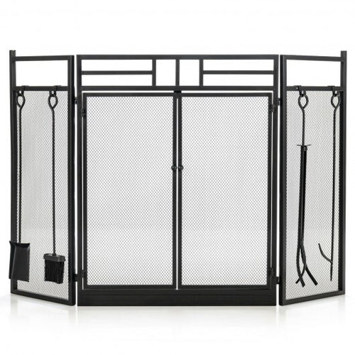 3-Panel Folding Wrought Iron Fireplace Screen with Doors and 4 Pieces Tools Set-Black