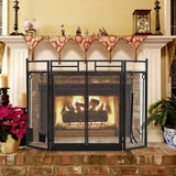 3-Panel Folding Wrought Iron Fireplace Screen with Doors and 4 Pieces Tools Set-Black