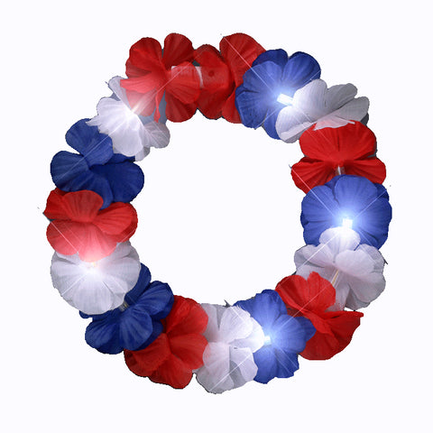 Light Up Flower Hawaiian Stretch Crown Red White and Blue for 4th of July