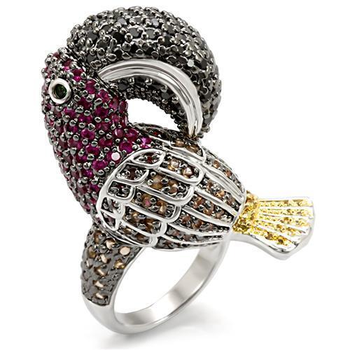 LO1592 - Brass Ring Rhodium+Gold+ Ruthenium Women AAA Grade CZ Multi Color