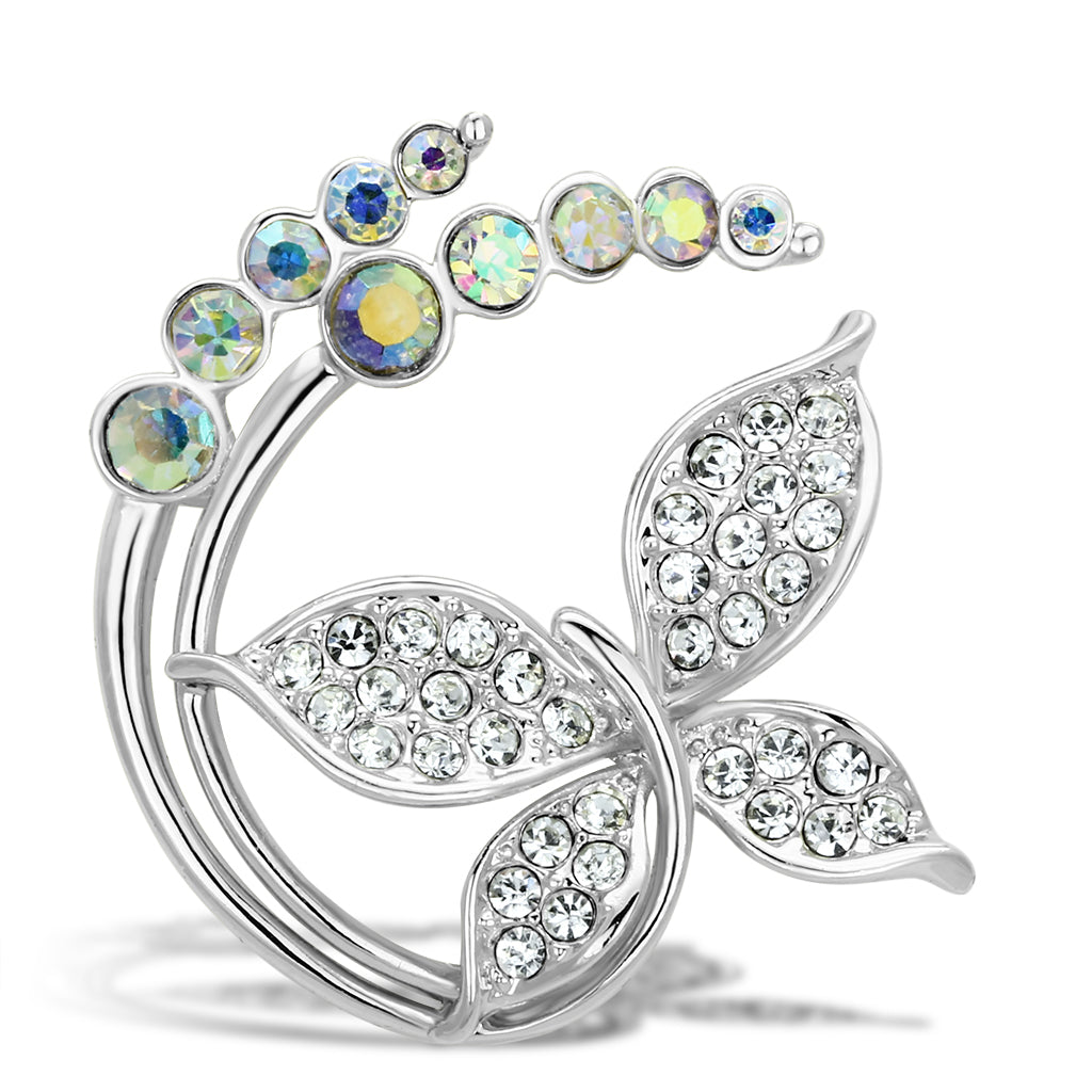 LO2861 - White Metal Brooches Flash Gold Women Top Grade Crystal Aurora Borealis (Rainbow Effect)