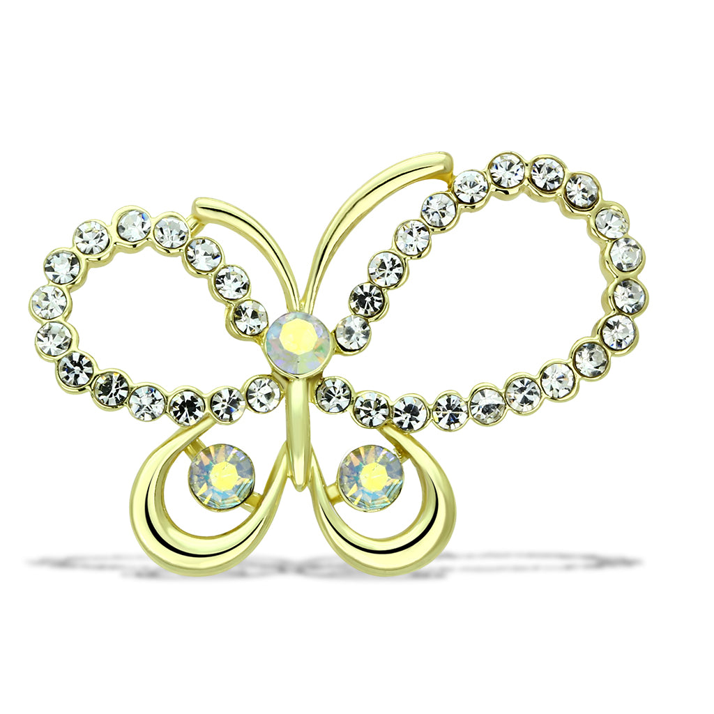LO2865 - White Metal Brooches Flash Gold Women Top Grade Crystal Aurora Borealis (Rainbow Effect)