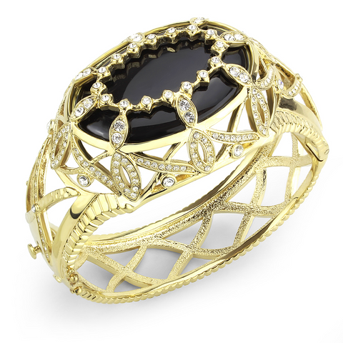 LO4349 - Gold Brass Bangle with Synthetic  in Jet