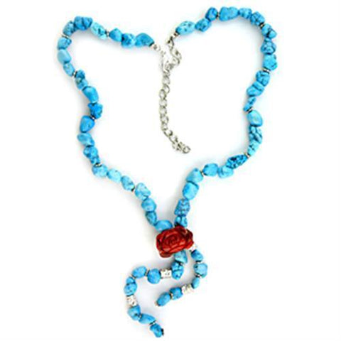 LOA113 - Brass Necklace Rhodium Women Synthetic Sea Blue