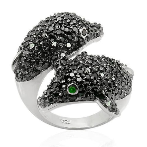 LOS195 - 925 Sterling Silver Ring Rhodium + Ruthenium Women Synthetic Emerald