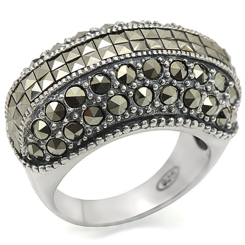 LOS466 - 925 Sterling Silver Ring Antique Tone Women Synthetic Black Diamond