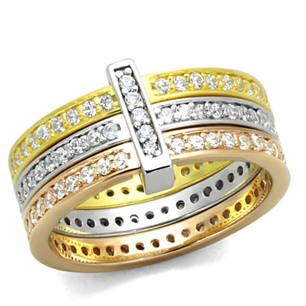 LOS811 - 925 Sterling Silver Ring Rhodium + Gold + Rose Gold Women AAA Grade CZ Clear