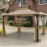12 x 10 Feet Outdoor Double Top Patio Gazebo with Netting-Brown