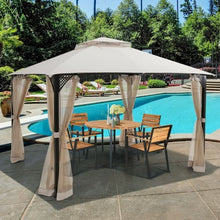 12 x 10 Feet Outdoor Double Top Patio Gazebo with Netting-Brown