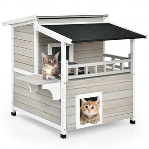 2-Story Wooden Patio Luxurious Cat Shelter House Condo with Large Balcony