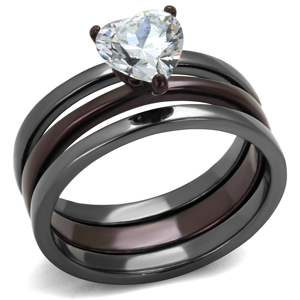 TK1274DC - Stainless Steel Ring IP Light Black (IP Gun) & IP Dark Brown (IP coffee) Women AAA Grade CZ Clear