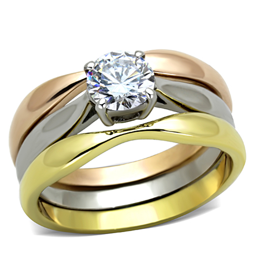 TK1278 - Stainless Steel Ring Three Tone IP?IP Gold & IP Rose Gold & High Polished) Women AAA Grade CZ Clear