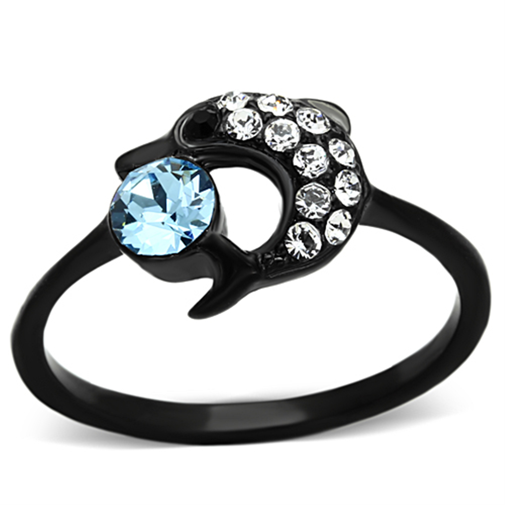 TK1302 - Stainless Steel Ring IP Black(Ion Plating) Women Top Grade Crystal Sea Blue