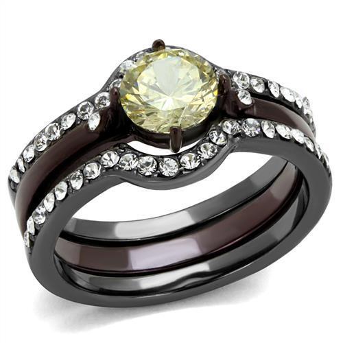 TK1346DC - Stainless Steel Ring IP Light Black (IP Gun) & IP Dark Brown (IP coffee) Women AAA Grade CZ Citrine Yellow