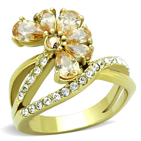 TK1574 - IP Gold(Ion Plating) Stainless Steel Ring with AAA Grade CZ  in Champagne