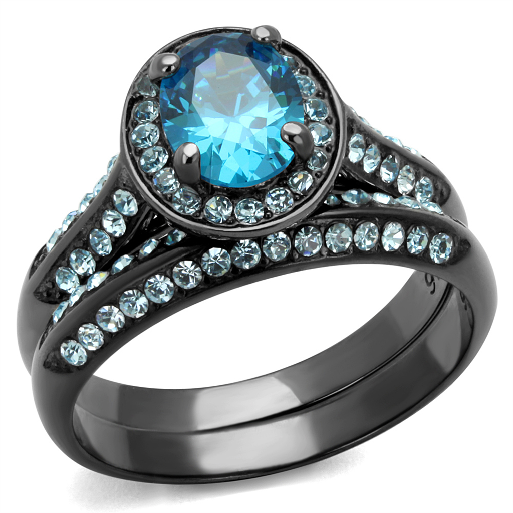 TK1W163LJ - Stainless Steel Ring IP Light Black  (IP Gun) Women AAA Grade CZ Sea Blue