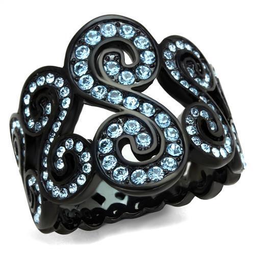 TK2018 - Stainless Steel Ring IP Black(Ion Plating) Women Top Grade Crystal Sea Blue