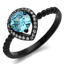 TK2364 - Stainless Steel Ring IP Black(Ion Plating) Women AAA Grade CZ Sea Blue